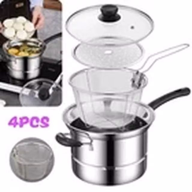 Havendro 4-Piece Deep Fryer Set with Glass Lids and Wire Baskets in Silver – 1