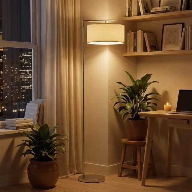 HOMCOM Modern Silver Floor Lamp with White Fabric Cylinder Lampshade, H 153 x W 37 x D 47 cm