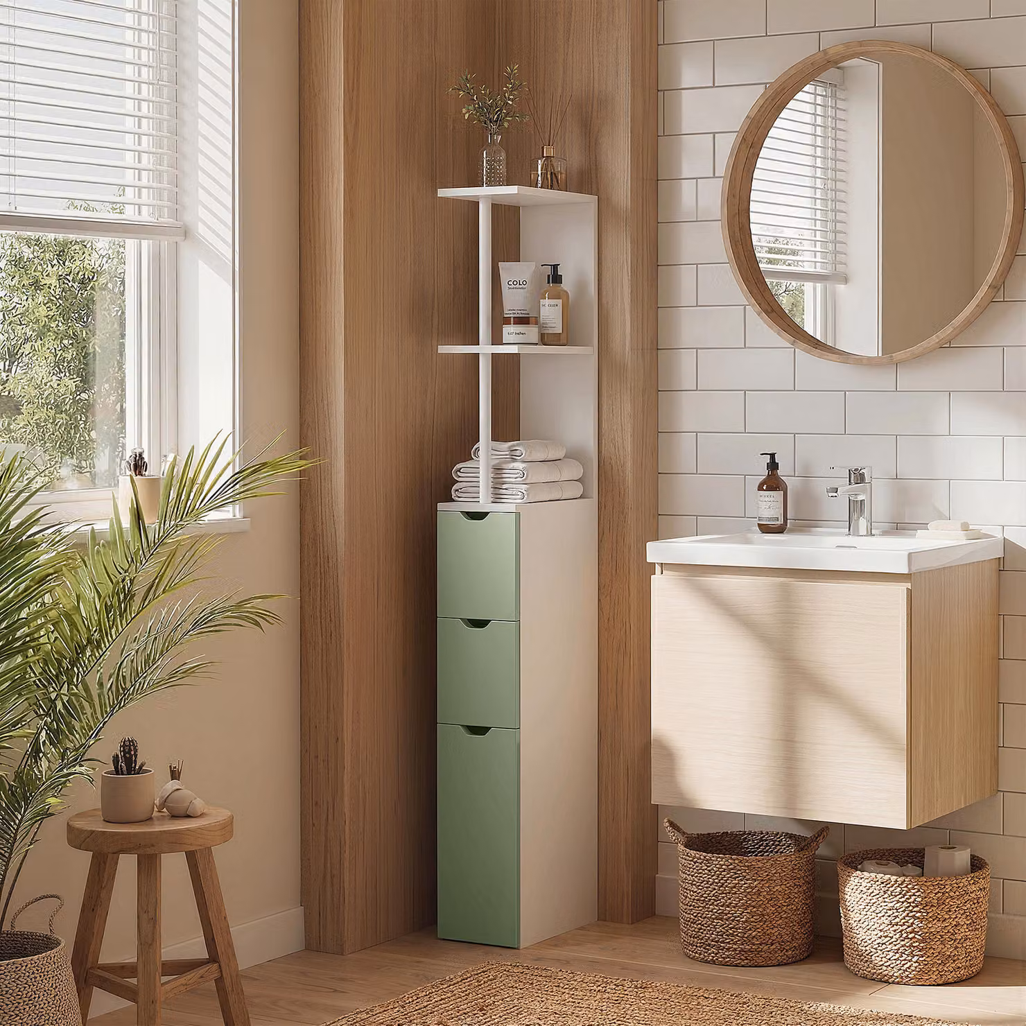 HOMCOM Slim Bathroom Storage Cabinet with 2-Tier Shelf and 2 Drawers, White and Light Green – 2
