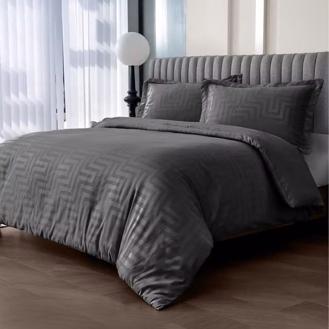Velosso Satin Geometric Patterned Microfibre Duvet Set in Black and Grey, 200 x 200 cm