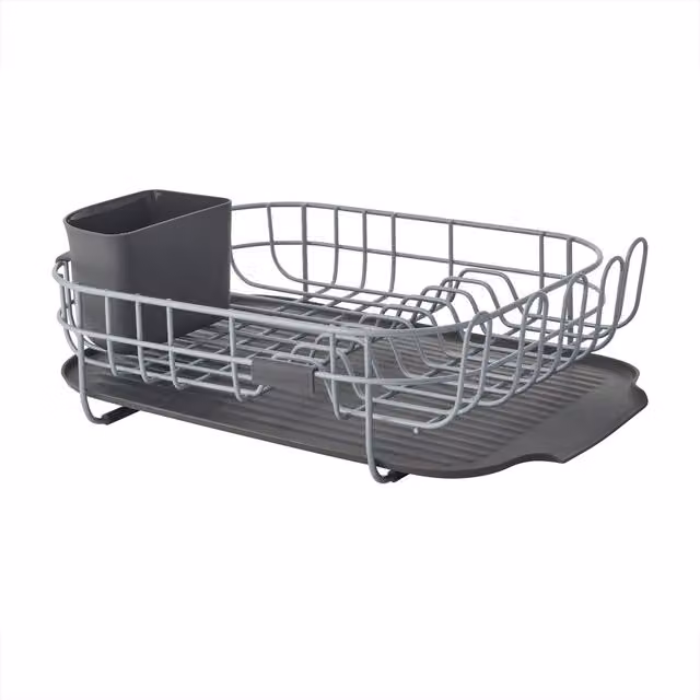 KitchenAid Low Profile Dish-Drying Rack with Cutlery Holder and Drip Tray in Grey Stainless Steel