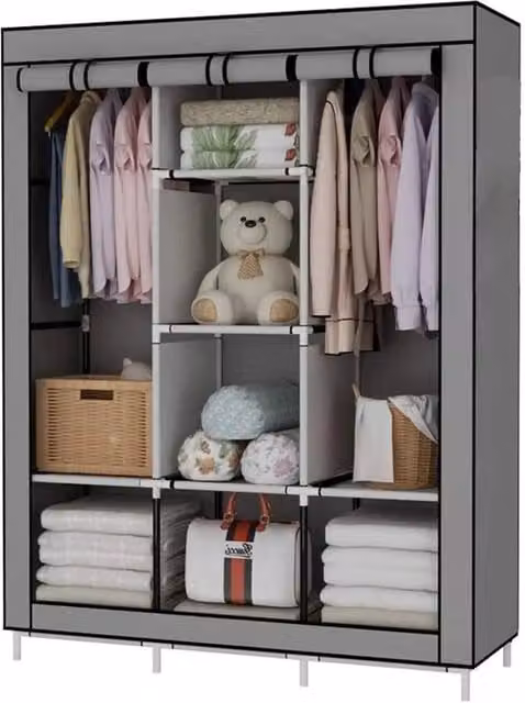 SPETLEK Large Grey Fabric Canvas Wardrobe with Roll Shutter and Hanging Rod