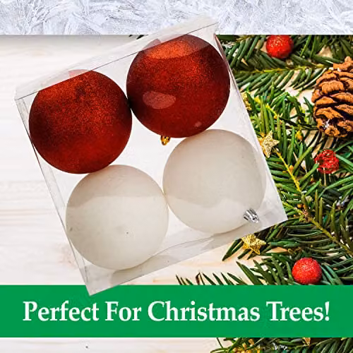 VFM e-Store Red, White and Gold Christmas Baubles (4 Pack) - Round Hanging Tree Decorations – 3