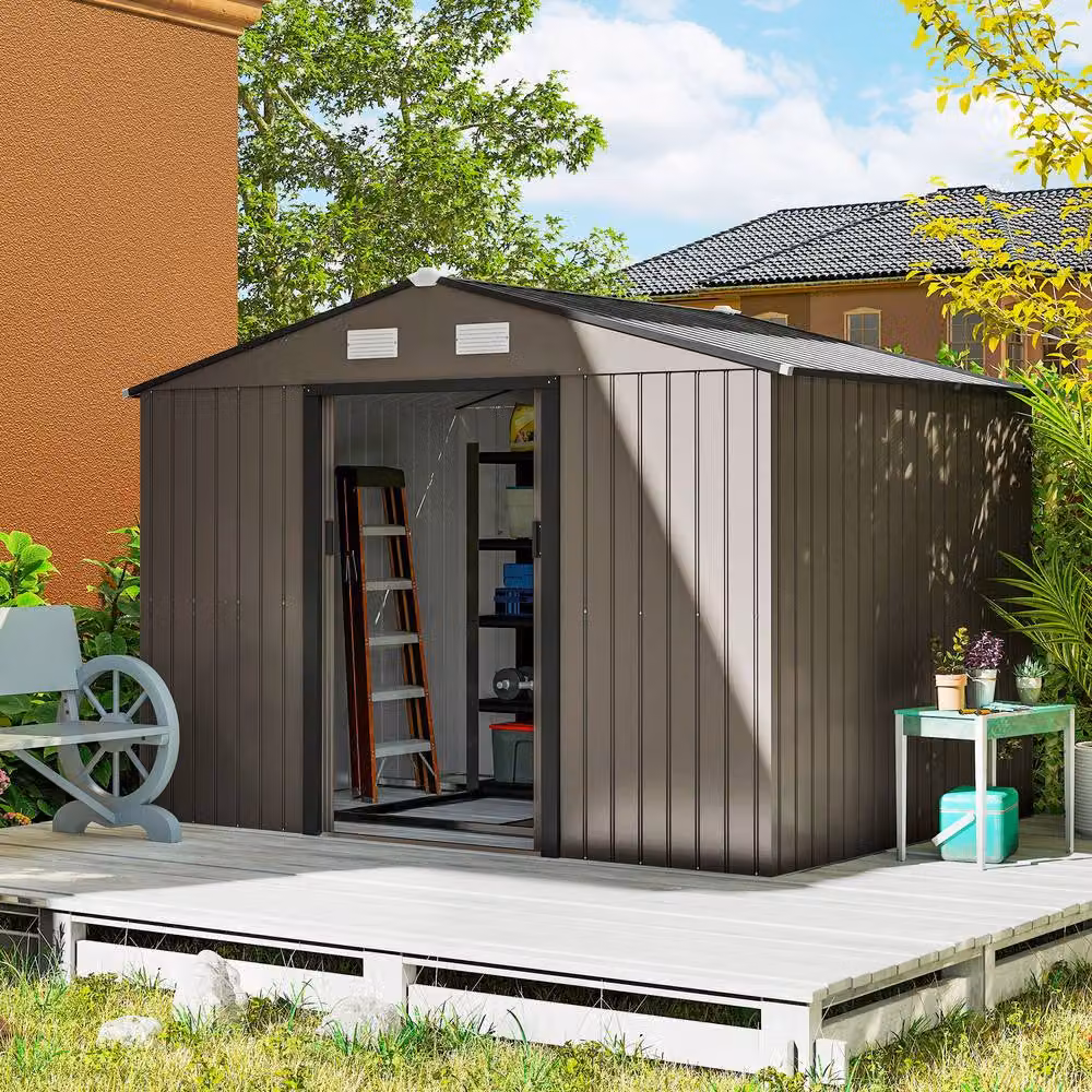 Rolipo Brown Metal Garden Shed with Foundation Kit and Double Doors, W: 274.3 cm, D: 182.9 cm, H: 192.0 cm – 3