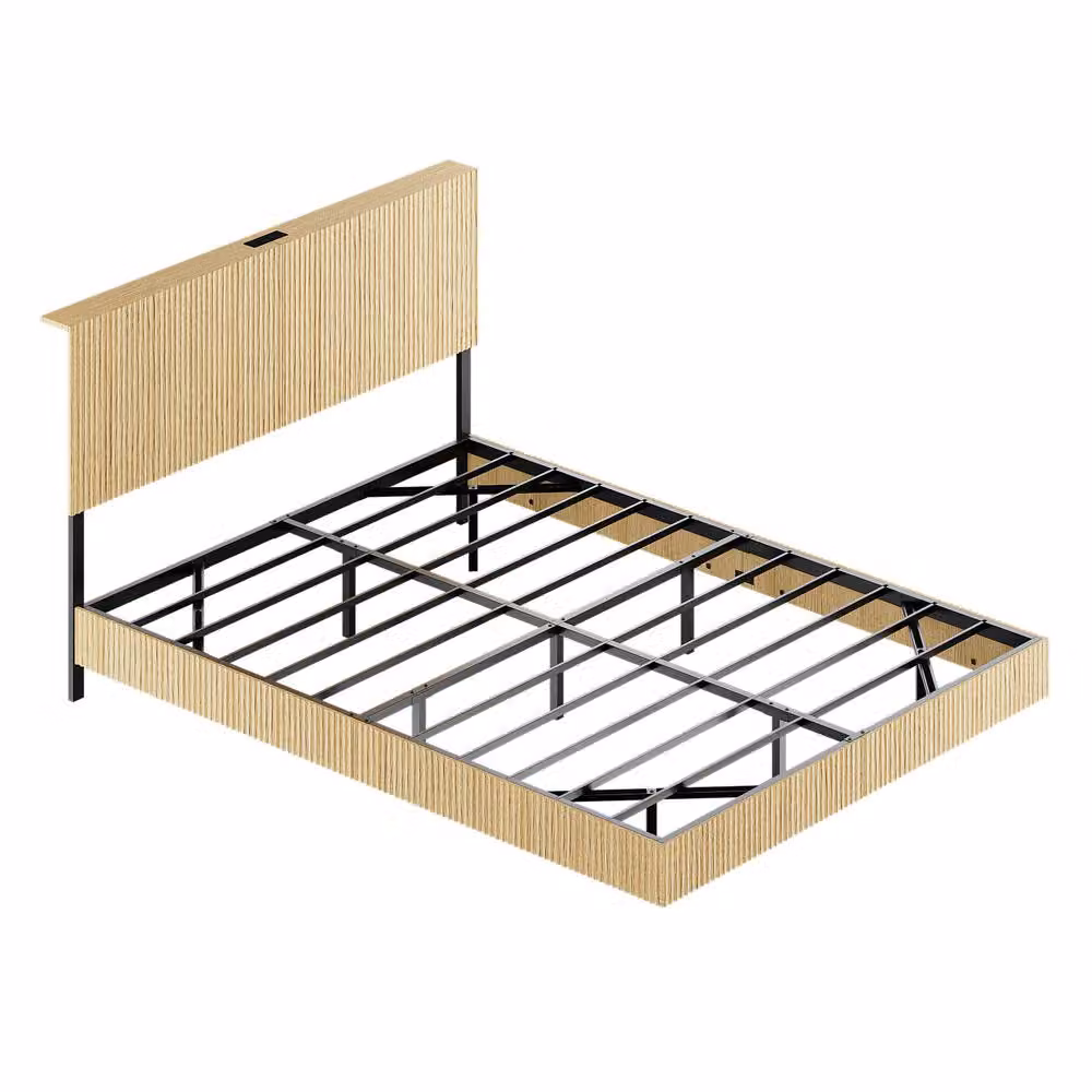 Matteo Modern Floating Bed with Fluted Headboard in Natural, featuring USB charging ports and under-bed lighting, W/D/H: 140 x 200 cm – 2
