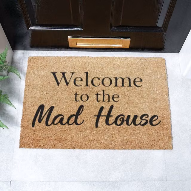 Artsy Mats Welcome To The Mad House Brown Coir and Natural Rubber Non-Slip Weatherproof Rectangular Doormat