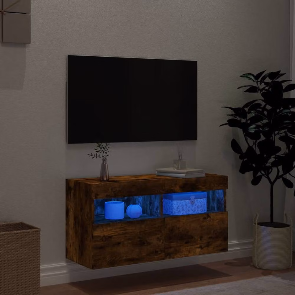 Berkfield Home TV Wall Cabinet with LED Lights in Smoked Oak Brown, W/D/H: 80 x 30 x 40 cm – 4