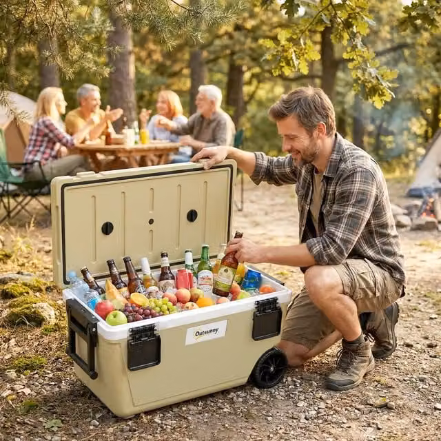 Outsunny 70L Insulated Cool Box with Wheels, Brown