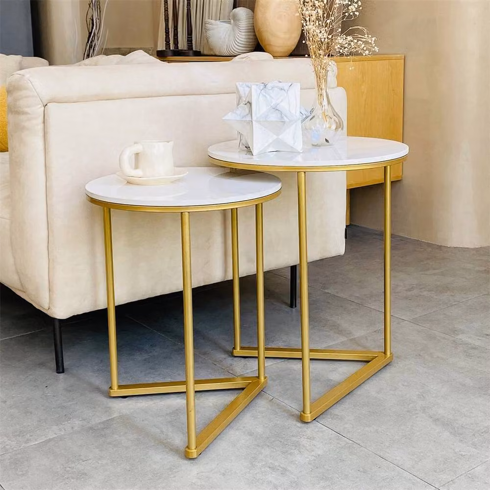 NESTLUNE Set of 2 Round White Slate Top Sofa Side End Tables with Sled Base – 3