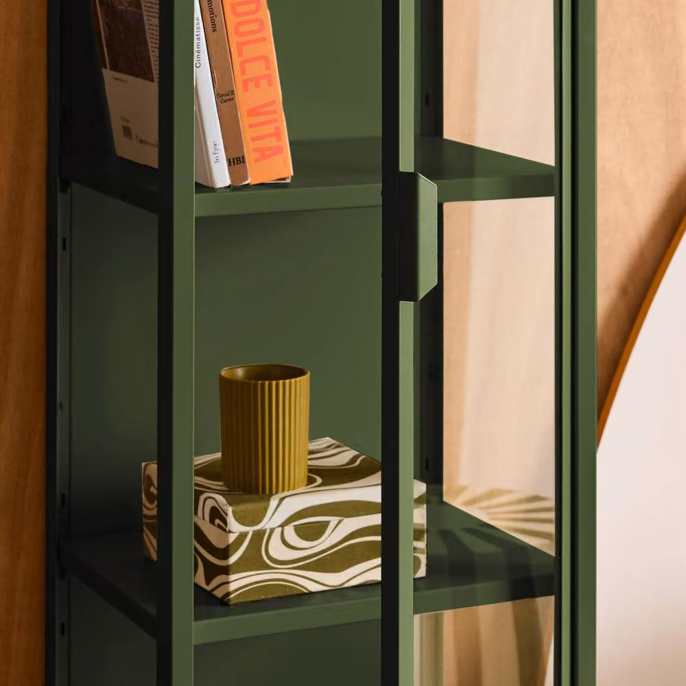 sweeek Industrial Green Steel and Tempered Glass Sideboard Display Cabinet with Glass Doors, H 160 x W 40 x D 35 cm – 3