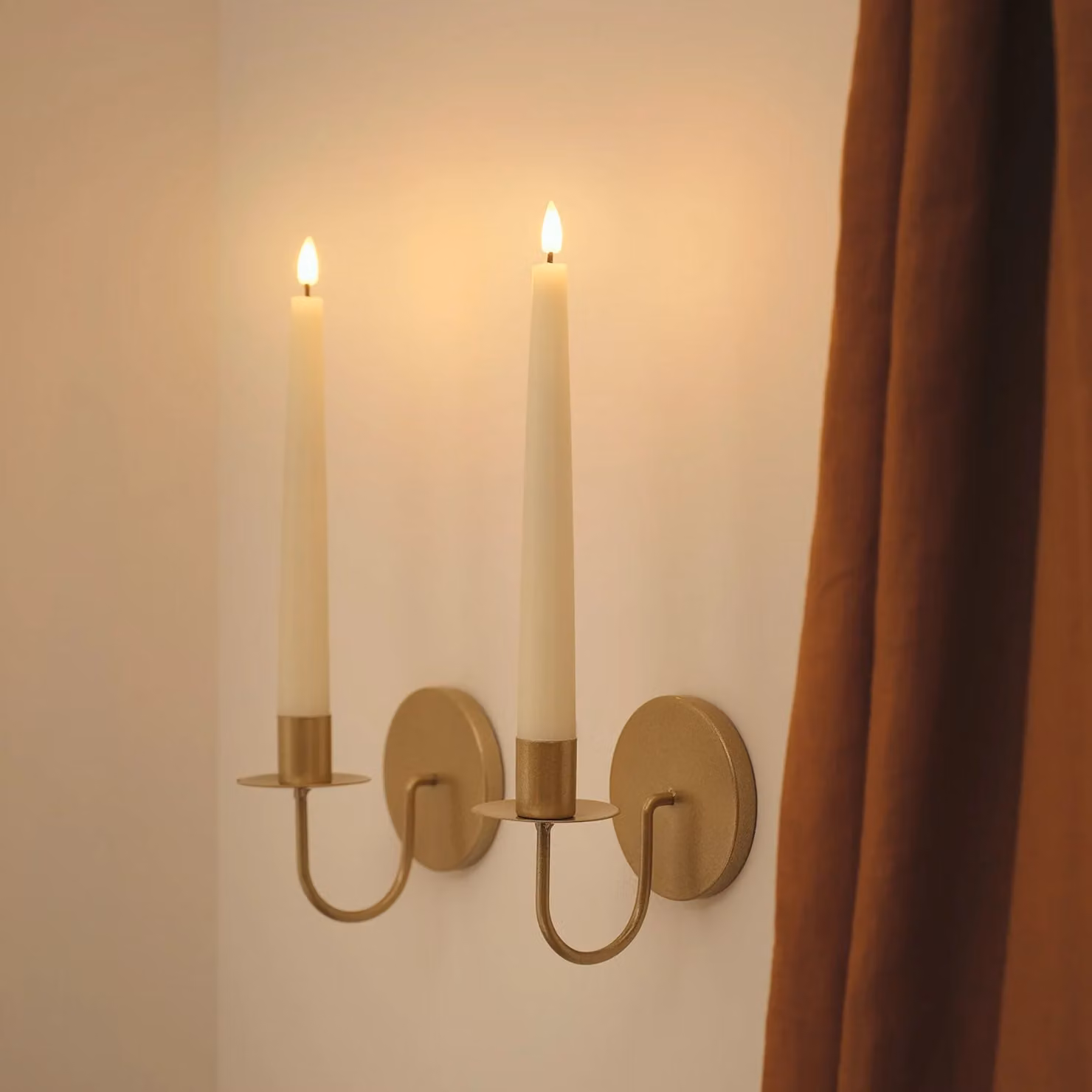 TruGlow Ivory LED Taper Candles and Gold Brass Wall Sconces with Remote Control and Flicker Effect