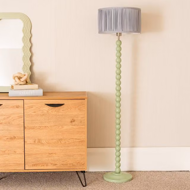 Bobbins Sage Floor Lamp with Blue Ruched Drum Shade