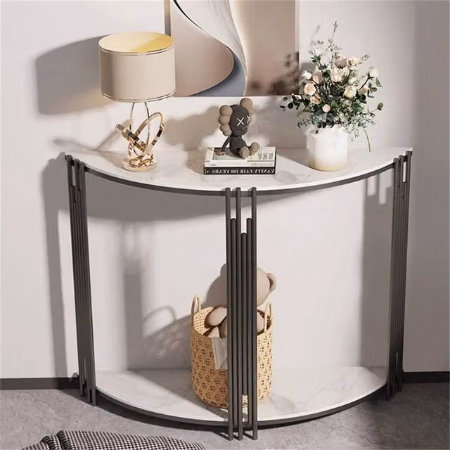 KORVIXA Modern Round Hall Console Table with Glossy Ceramic Stone Top in Black, White and Multicolour, W: 100 cm