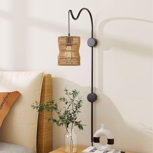 Komore Black Boho Wall Light with Paper Rattan Lantern Shade