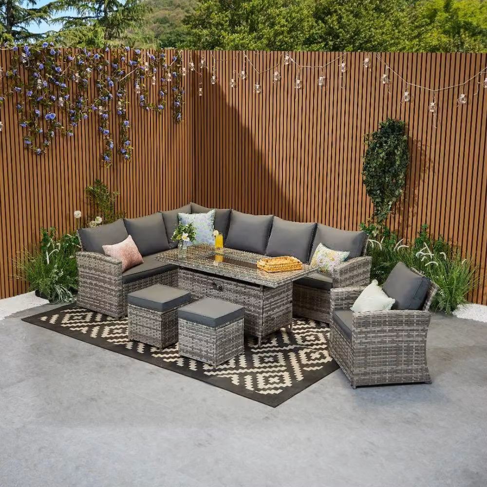 Furniture Maxi Rosen 9 Seater Grey Polyrattan Garden Corner Sofa and Fire Pit Set with Upholstered Cushions – 2