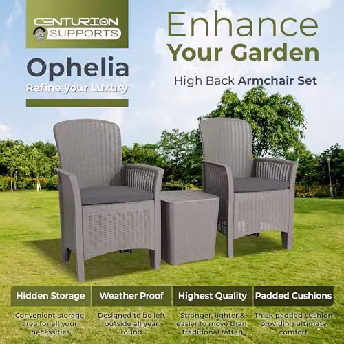 Centurion Supports Ophelia 3-Piece Grey PU Rattan Wicker Garden Furniture Set with High Back Armchairs, Side Table and Storage – 3