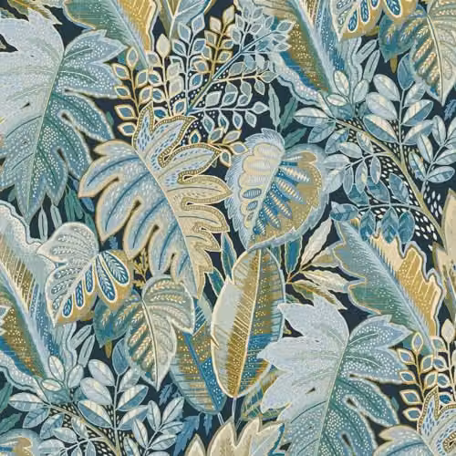 Grandeco Tribal Leaf Foliage Textured Botanical Wallpaper in Blue, Green and Black