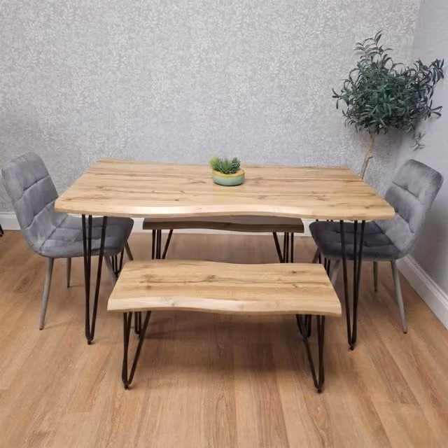 Kosy Koala Modern Dining Table Set with 2 Benches and 2 Grey Velvet Chairs in Brown