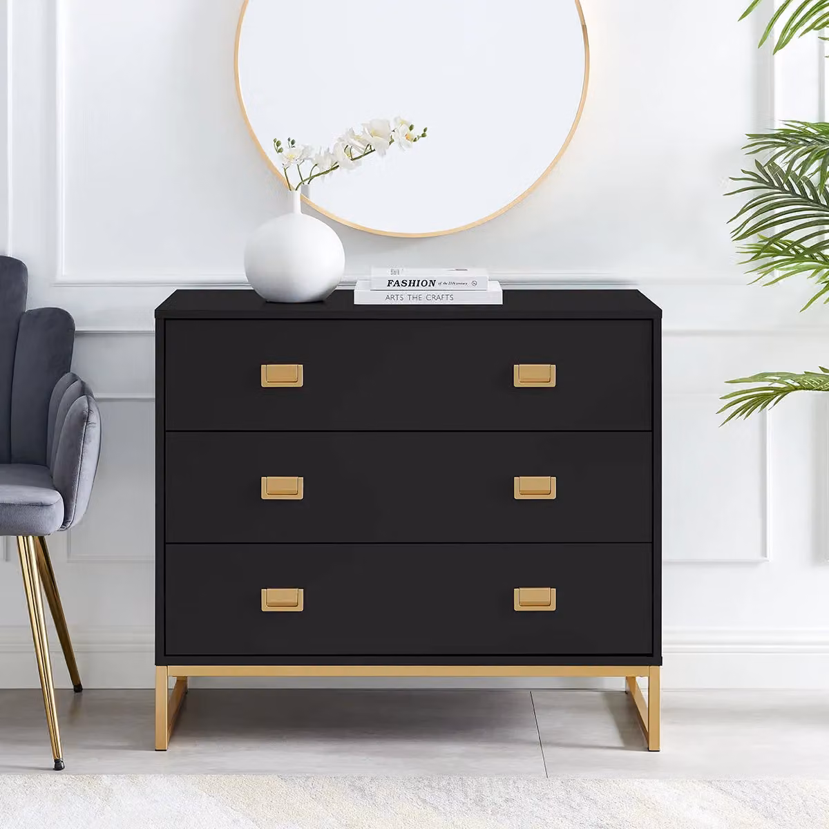 Melody Maison Elle Black Range Large 3 Drawer Chest of Drawers and Pair of Bedside Tables in Black and Gold – 2