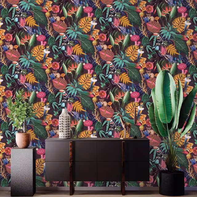 Holden Decor Wonderland Wallpaper in Plum Purple with Floral and Botanical Animal Design