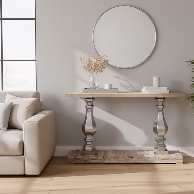 Orsina Pine Wooden Top Console Table with Silver Pillars, W/D/H: 153 x 30.7 x 17 cm