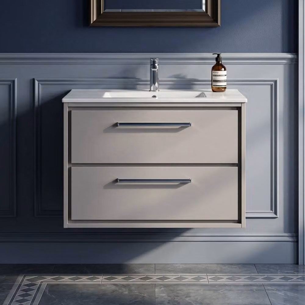 Balterley Modern Wall Hung 2 Soft-Close Drawer Bathroom Vanity Unit, Grey, Width: 80 cm – 2
