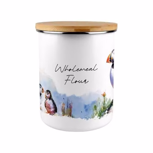 Purely Home Puffins Enamel Flour Storage Canister, 2.7L, Blue and White