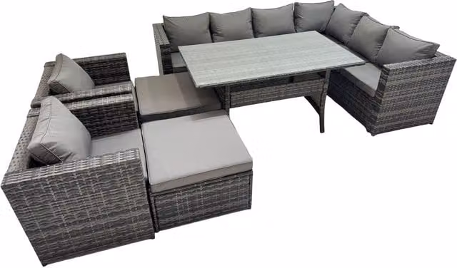 Fimous 10-Seater Rattan Garden Set in Dark Grey with Galvanised Steel and Glass