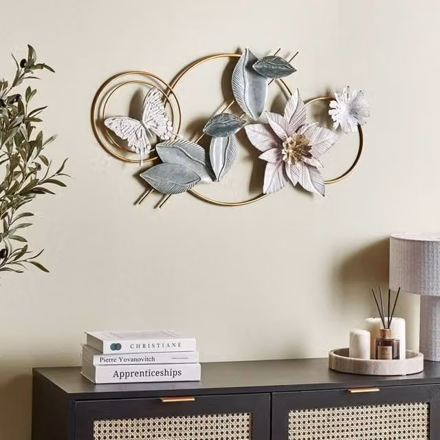 Wyld and Coco Handmade Multicolour and Gold Metal Floral and Butterfly Wall Art
