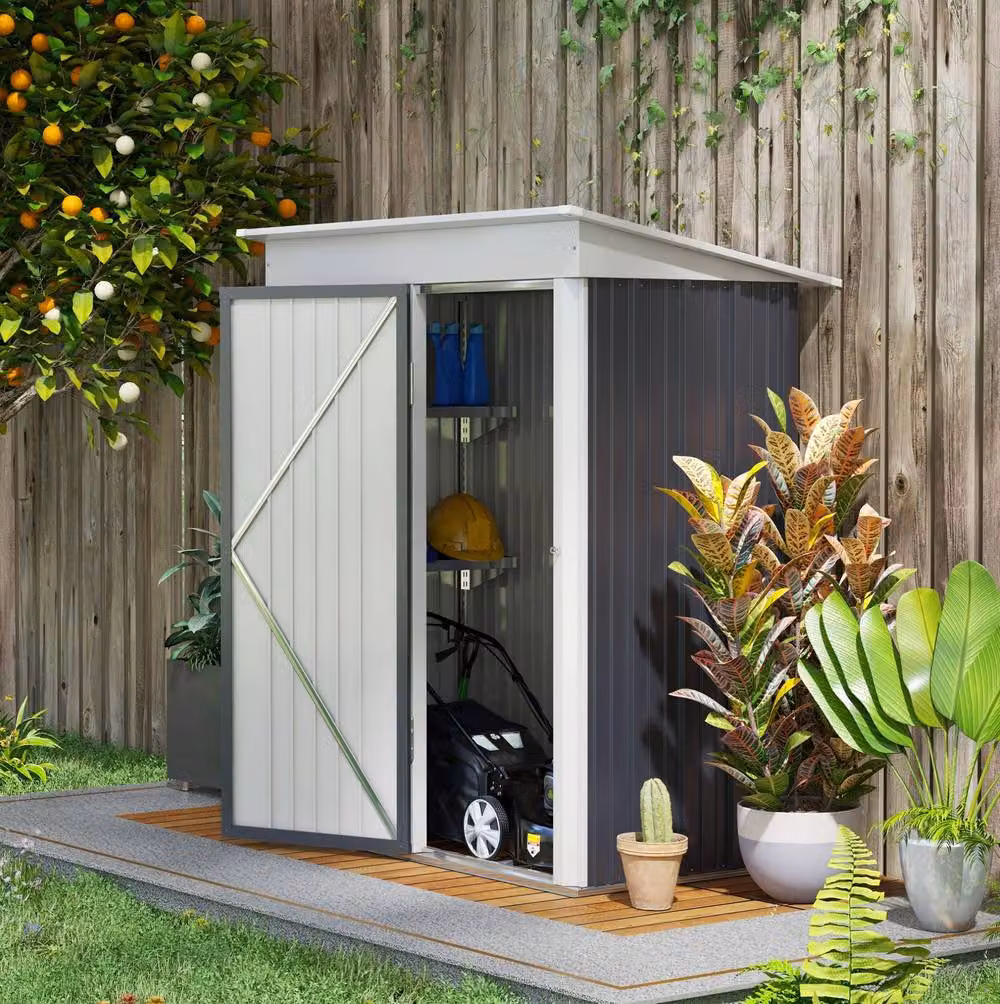 STILVORA Steel Pent Garden Shed in Dark Grey with Adjustable Shelving and Single Door, W/D/H: 152.4 x 91.44 x 181.0 cm – 2