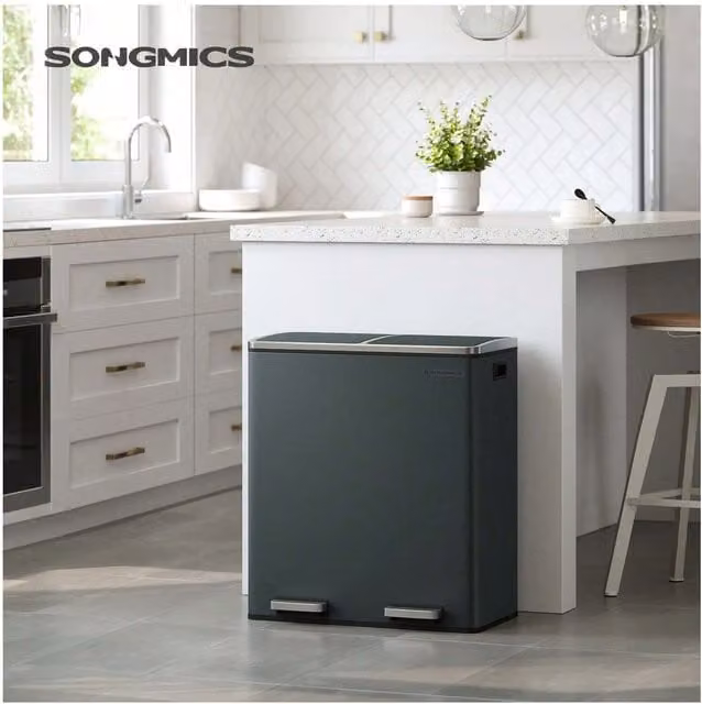 SONGMICS Dual Recycling Bin with Soft Close Pedal and Removable Inner Buckets, Grey/Anthracite, Width: 58.5 cm