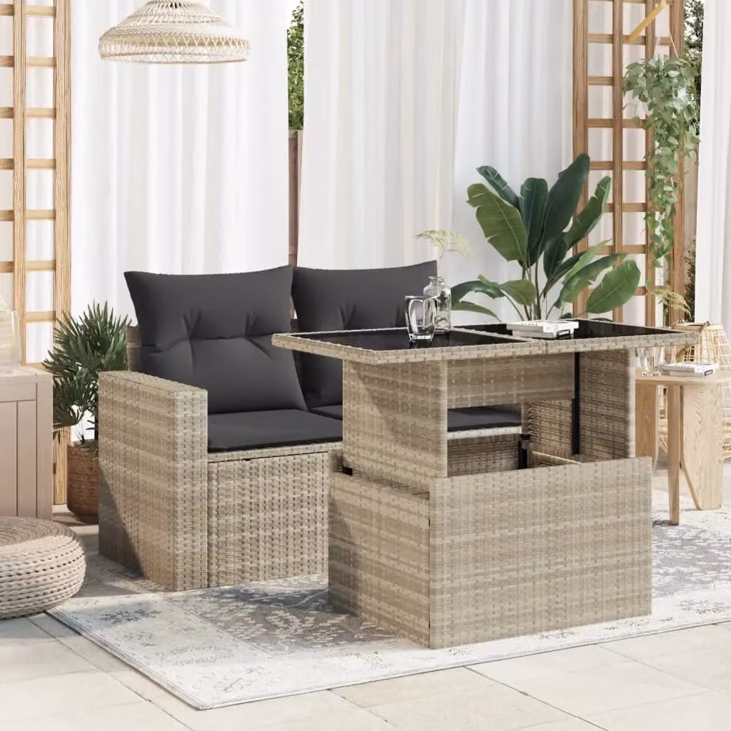 Berkfield Home Modern Poly Rattan Garden Table with Glass Top, Light Grey, W/D/H: 100 x 55 x 73 cm – 3