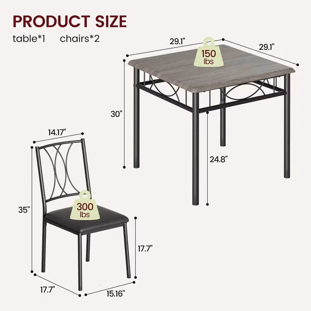 VOGREX Grey 3 Piece Industrial Dining Set with Square MDF Laminate Table and 2 Chairs – 2