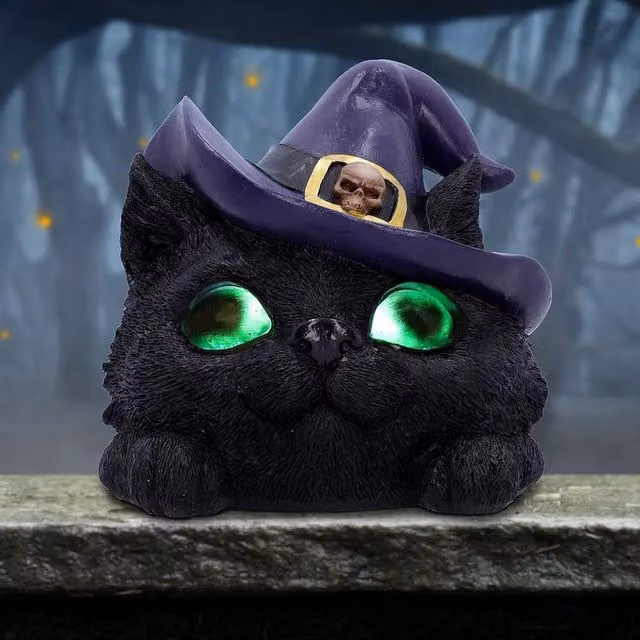 Nemesis Now Familiar Grin Black Cat with Light Up Green Eyes, Height: 13.8 cm
