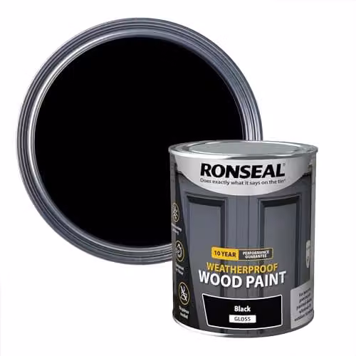 Ronseal 10 Year Weatherproof 2-in-1 Opaque Wood Paint in Black Gloss, 750ml