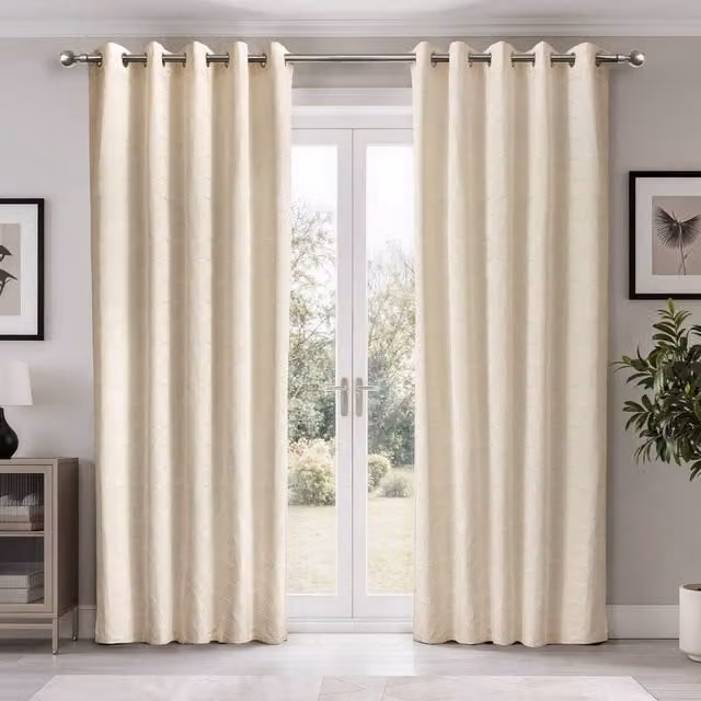 New Edge Blinds Siena Geometric Unlined Jacquard Eyelet Curtains in Beige, Width: 117 cm, Drop: 183 cm – 1