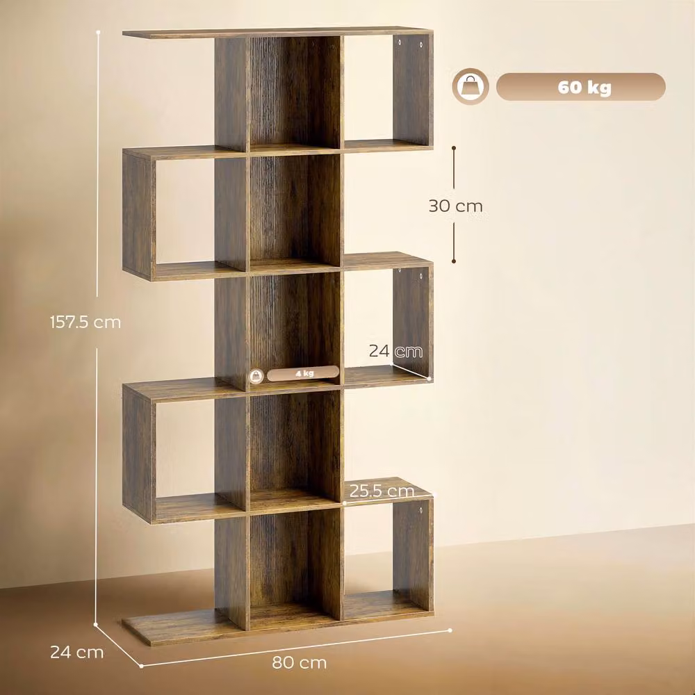 HOMCOM 5-Tier Geometric S-Shaped Bookshelf in Brown – 3