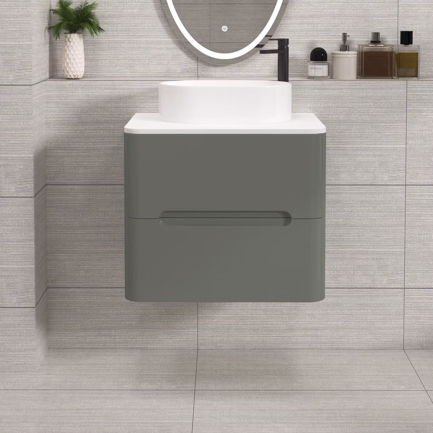 Royal Bathrooms Venice Wall Hung Vanity Unit in Sage Green with 2 Drawers, Plain White Worktop and Peak Basin, Width: 60 cm