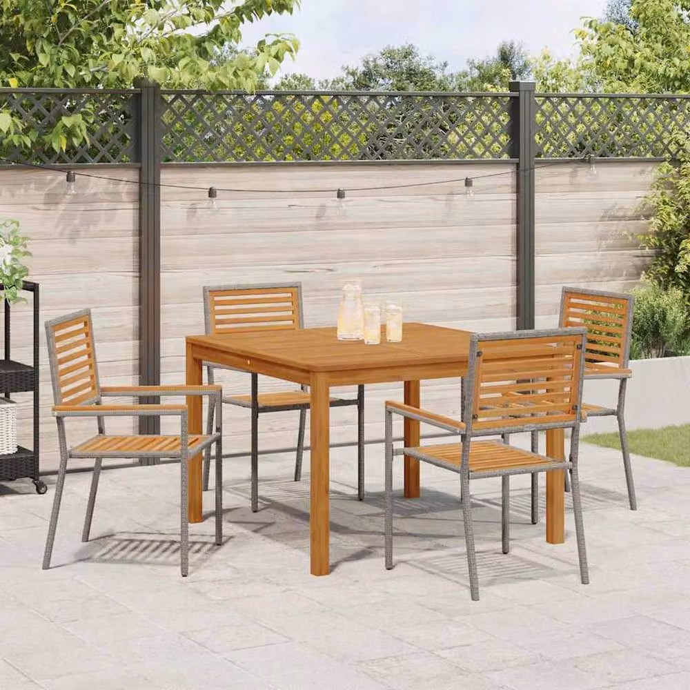 Berkfield Home 5 Piece Grey Poly Rattan and Acacia Wood Garden Dining Set – 3