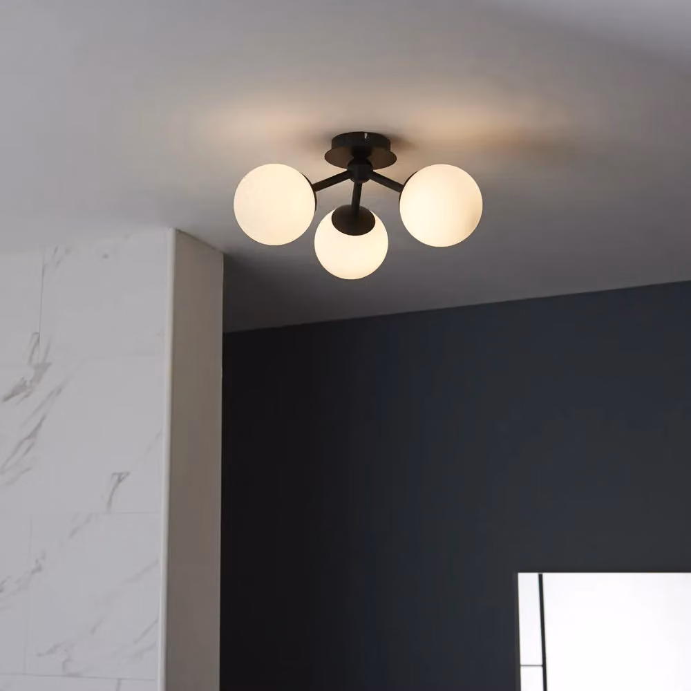 Loops 3-Lamp Semi Flush Bathroom Ceiling Light in Matt Black and White Glass – 2