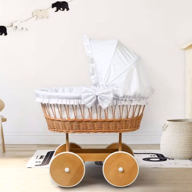 Love For Sleep Classic Solid Beech Wood Baby Bassinet in Natural Brown and White