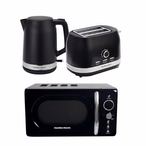 Hamilton Beach Ella Black Kitchen Bundle including 1.7L Kettle, 2 Slice Wide Slot Toaster and 20L Retro Microwave – 3