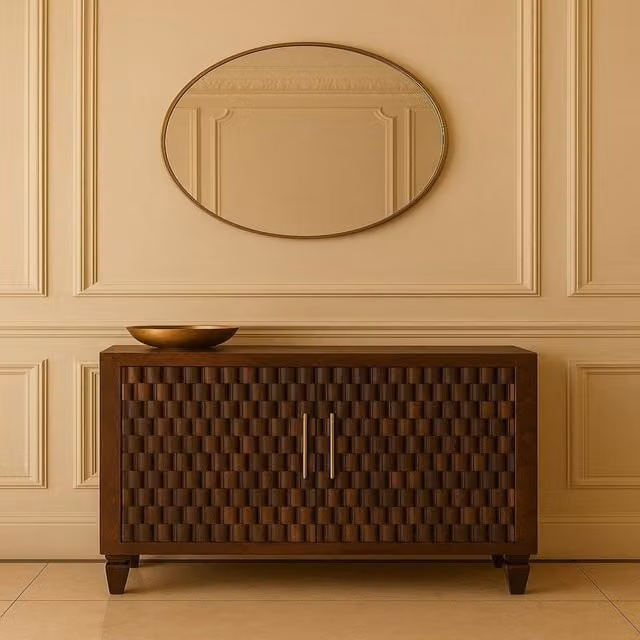 Artisan Furniture Cadiz Geometric Carved Panel Cabinet in Brown Wood with Matt Finish