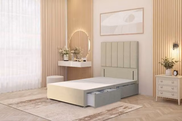 Somnior Austin 4 Drawer Divan Bed Base and Floor Standing Headboard, Beige Fabric, W/D/H: 180 x 200 cm