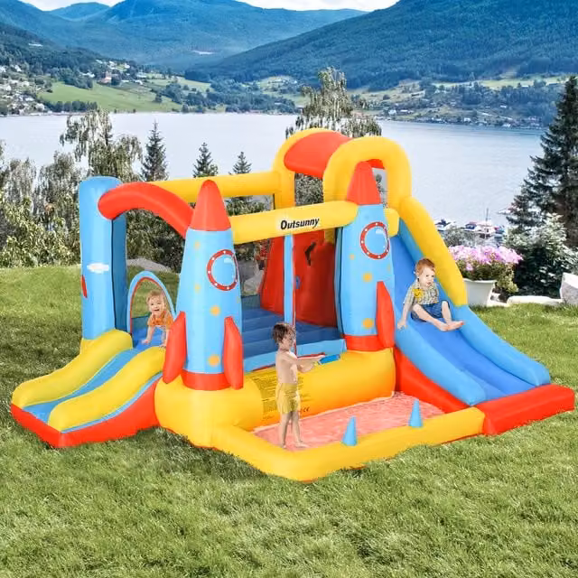 Outsunny Kids Rocket Design Castle Slide Pool in Yellow and Multicolour