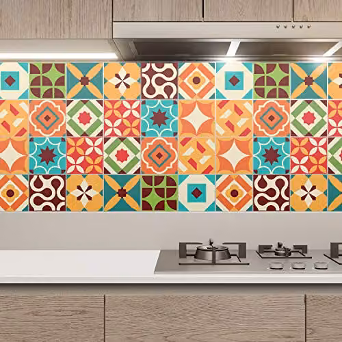 WALPLUS Ziggy Retro Geometric Tile Stickers, Multicolour Self Adhesive Waterproof Decals for Kitchen and Bathroom Splashbacks, 24 Pieces, W/D/H: 15 x 15 x 0.18 cm – 2