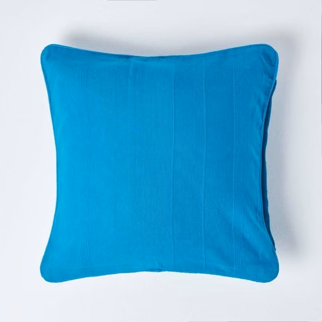 Homescapes Cotton Rajput Ribbed Square Cushion Cover in Turquoise Blue, W: 60 cm x H: 60 cm