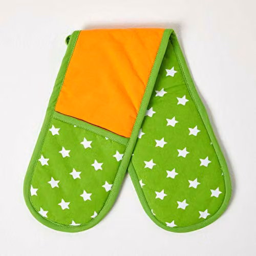 Homescapes Cotton Double Oven Glove in Green and Orange