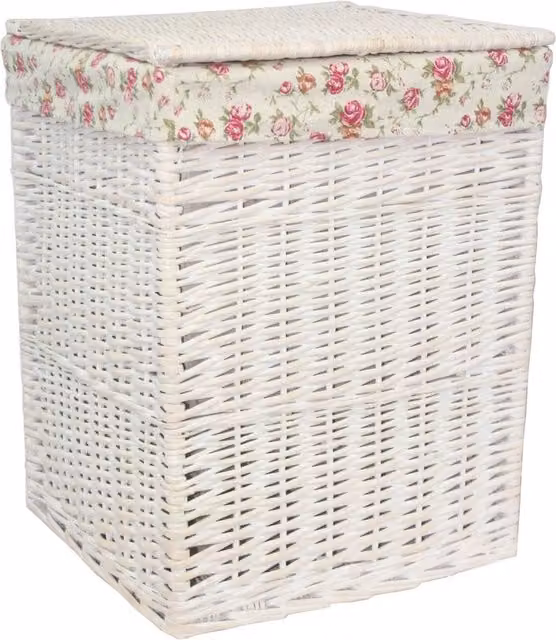 White Wash Wicker Square Laundry Basket with Red Rose Cotton Lining and Handles