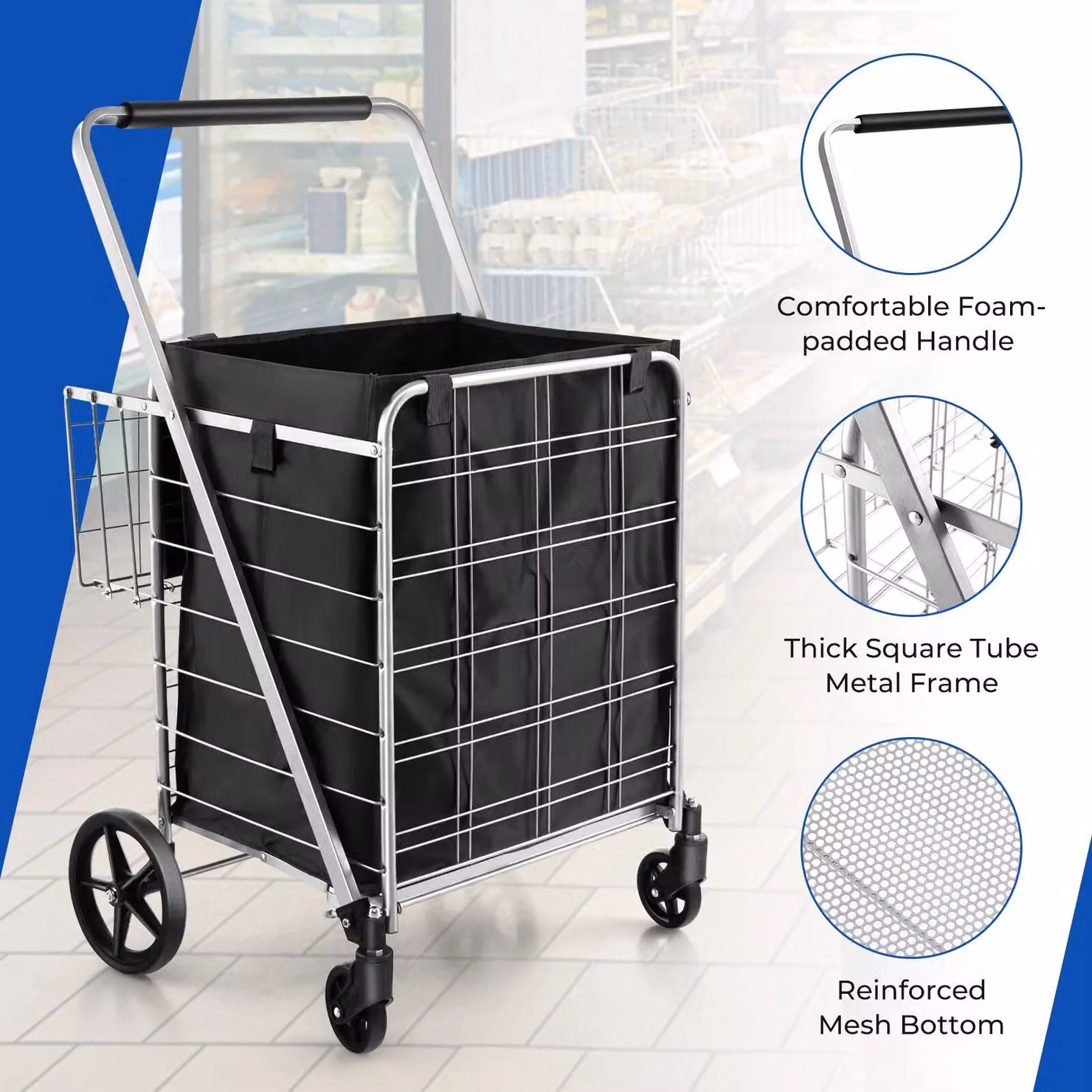 Costway Folding Shopping Cart, Portable Utility Grocery Cart with 126L Capacity and 150kg Load, Black – 6